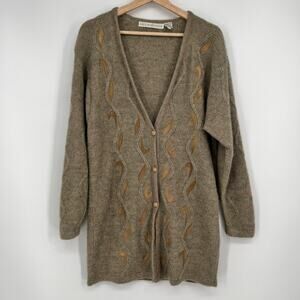 Vtg Paul Alexander Cardigan Womens Large Alpaca Wool Silk Long Faux Suede Tan